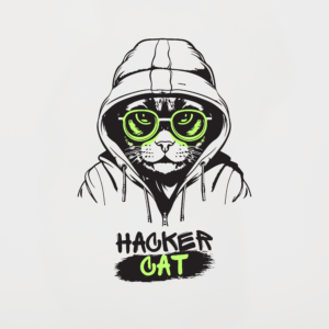 Hacker Cat with Glasses Black, White & Grey T-Shirt Design